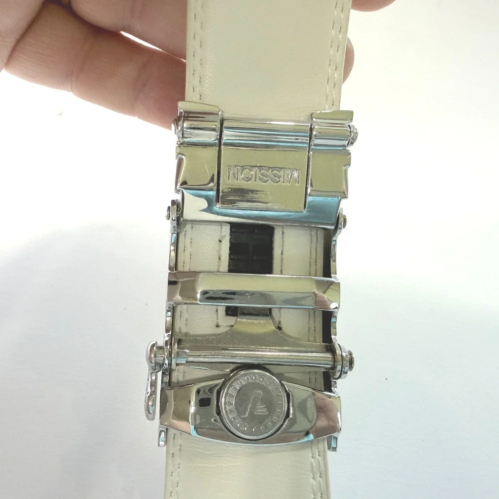 Mission Belt Mens White Leather Ratchet Belt Adjustable Golf Casual 47in - Picture 5 of 8